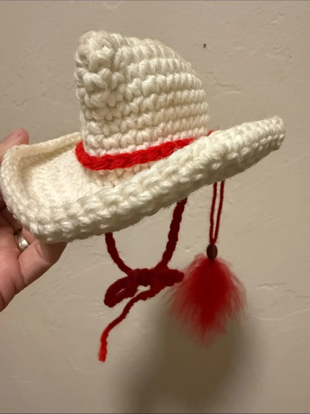 Handmade Crocheted White Cowboy Hat with Red Accent for small dog